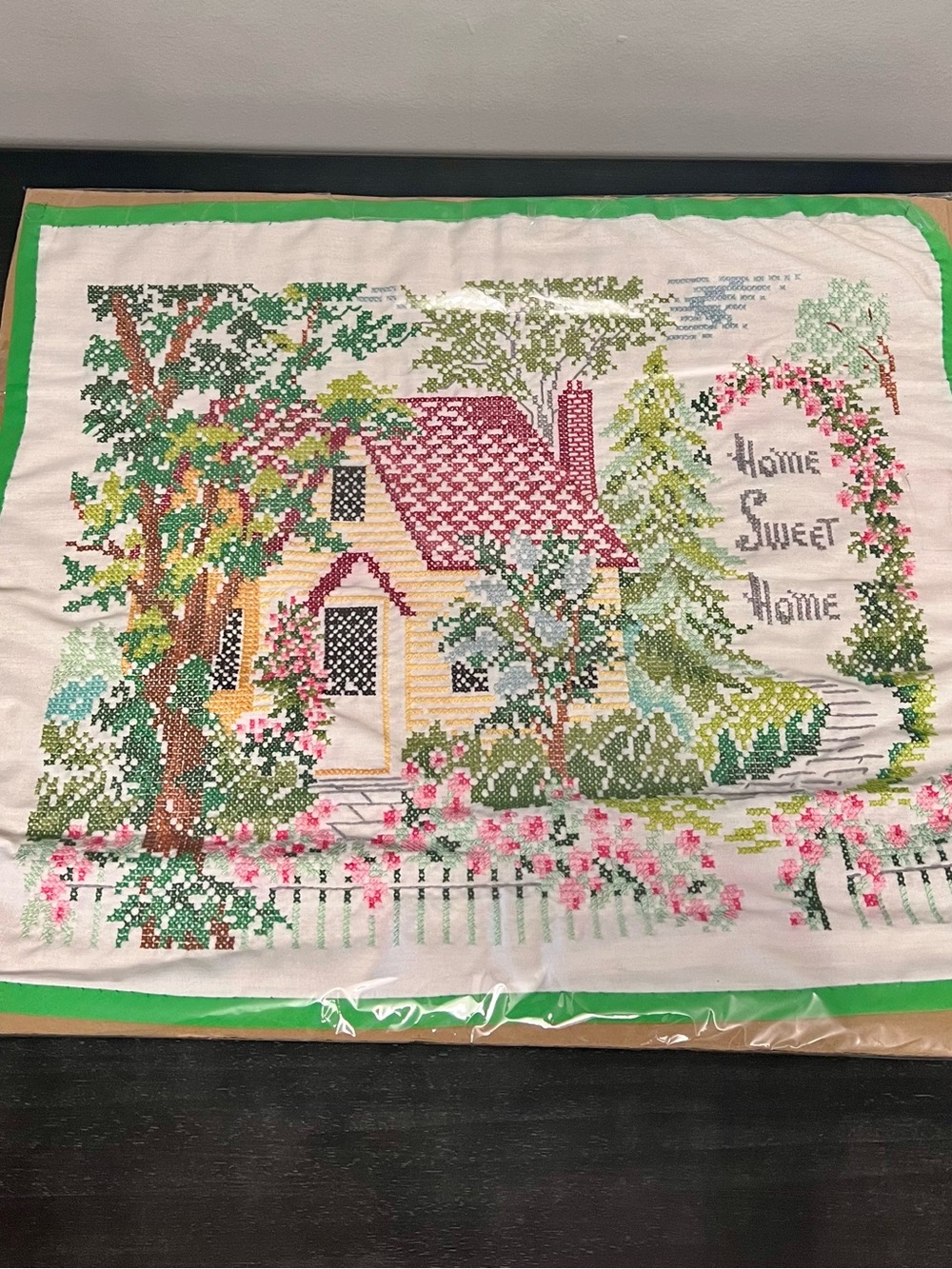 VTG Home Sweet Home Completed Cross Stitch Cottage Floral Needlework 22” Folk